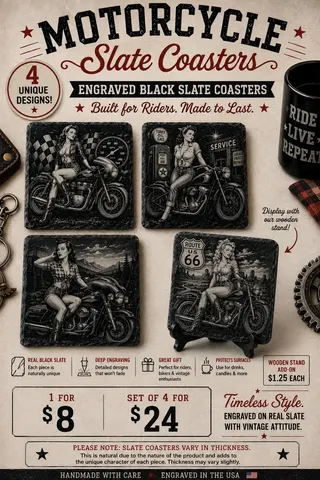 Pin-Up Motorcycle Slate Coaster Set